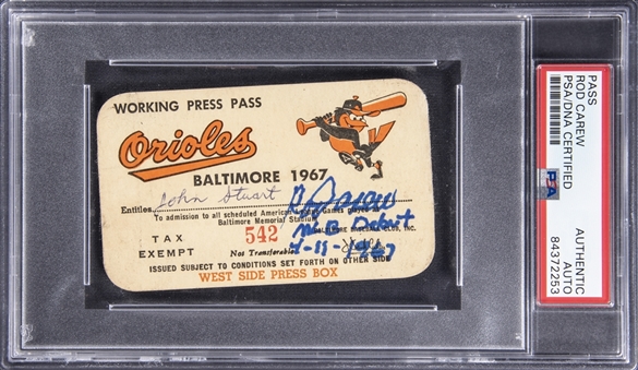 Rod Carew Signed & Inscribed 1967 Baltimore Orioles Press Pass from MLB Debut on 4/11/1967 - PSA/DNA Authentic